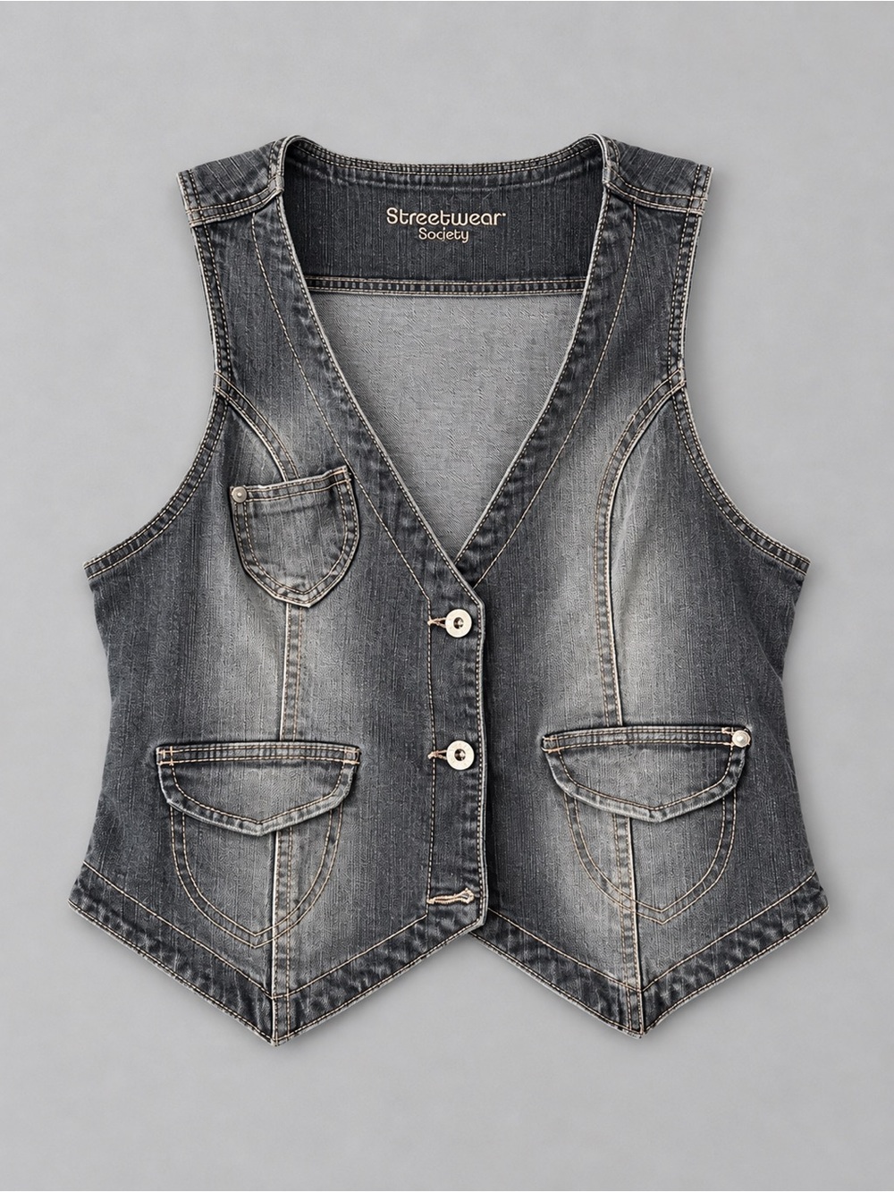 Streetwear Society Distressed Black Denim Vest with Faded Gray Highlights